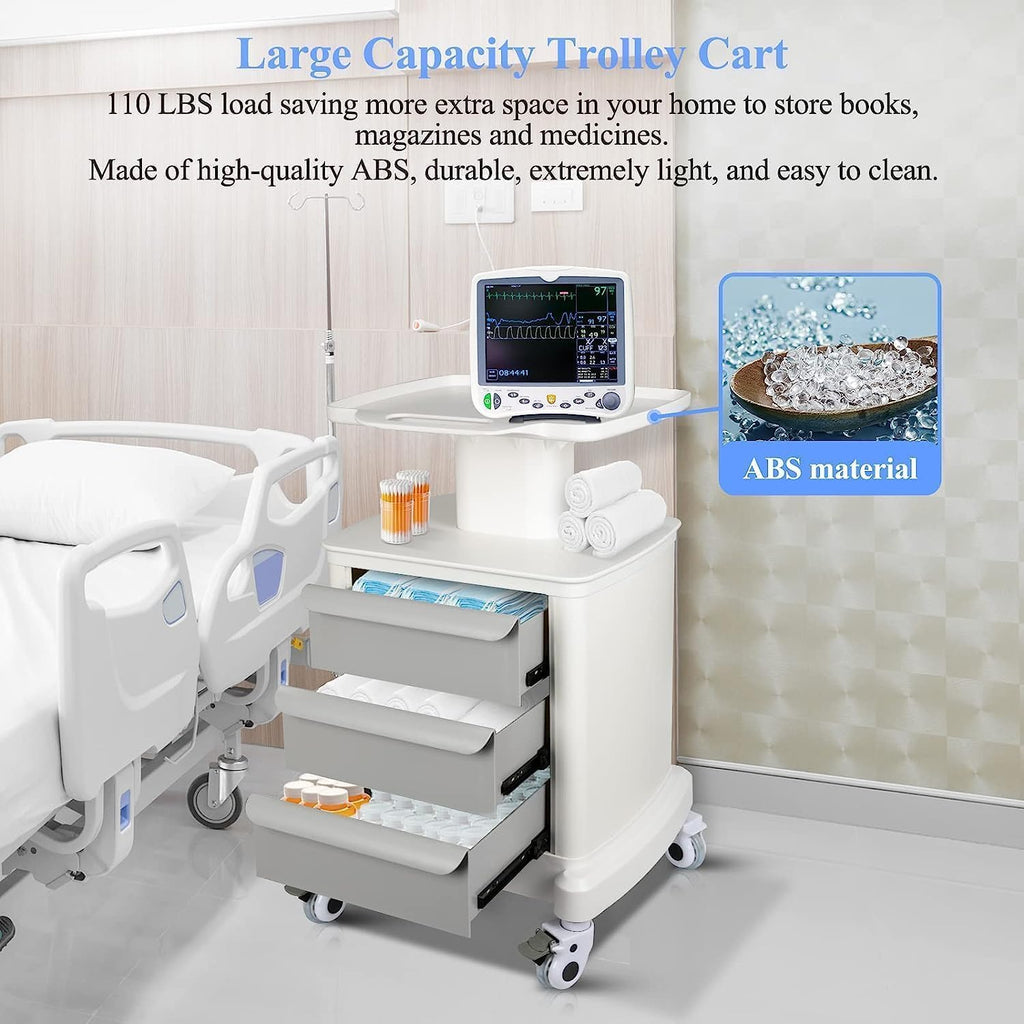 Mobile Ultrasound Cart for Imaging Scanner - Medical Trolley With 3 Drawers and 4 Universal Quiet Wheels - 110LBS