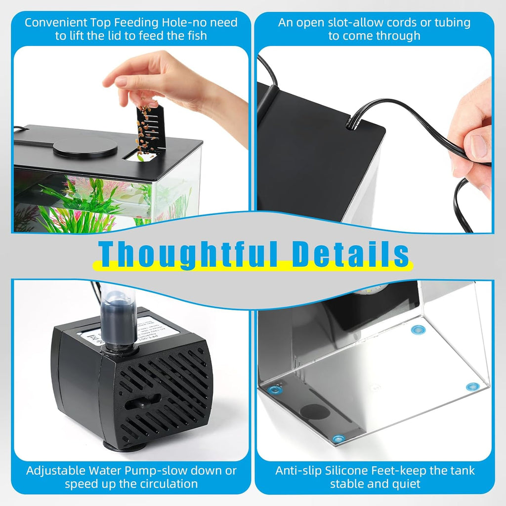 Fish Tank, 1 Gallon Betta Fish Tank, Small Aquarium Kit with LED Light and Water Filter Pump