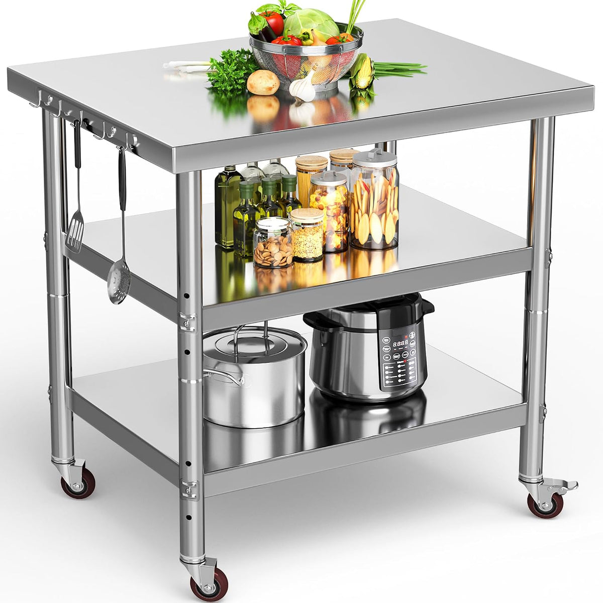 36" X 24" Stainless Steel Table with Wheels, 3 Shelves