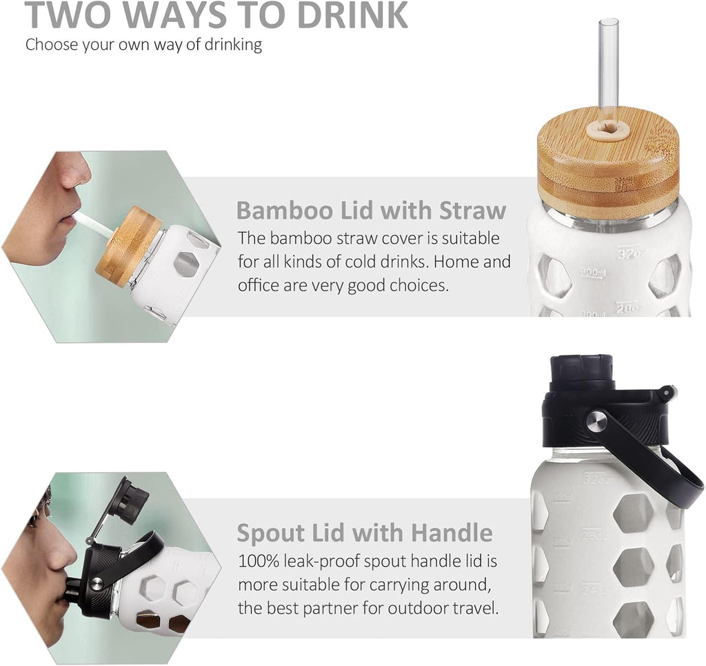 Glass Water Bottle, 32oz, White | 1 Liter Glass Tumbler, 2 Lids - Handle Spout Lid & Bamboo Straw Lid, Motivational