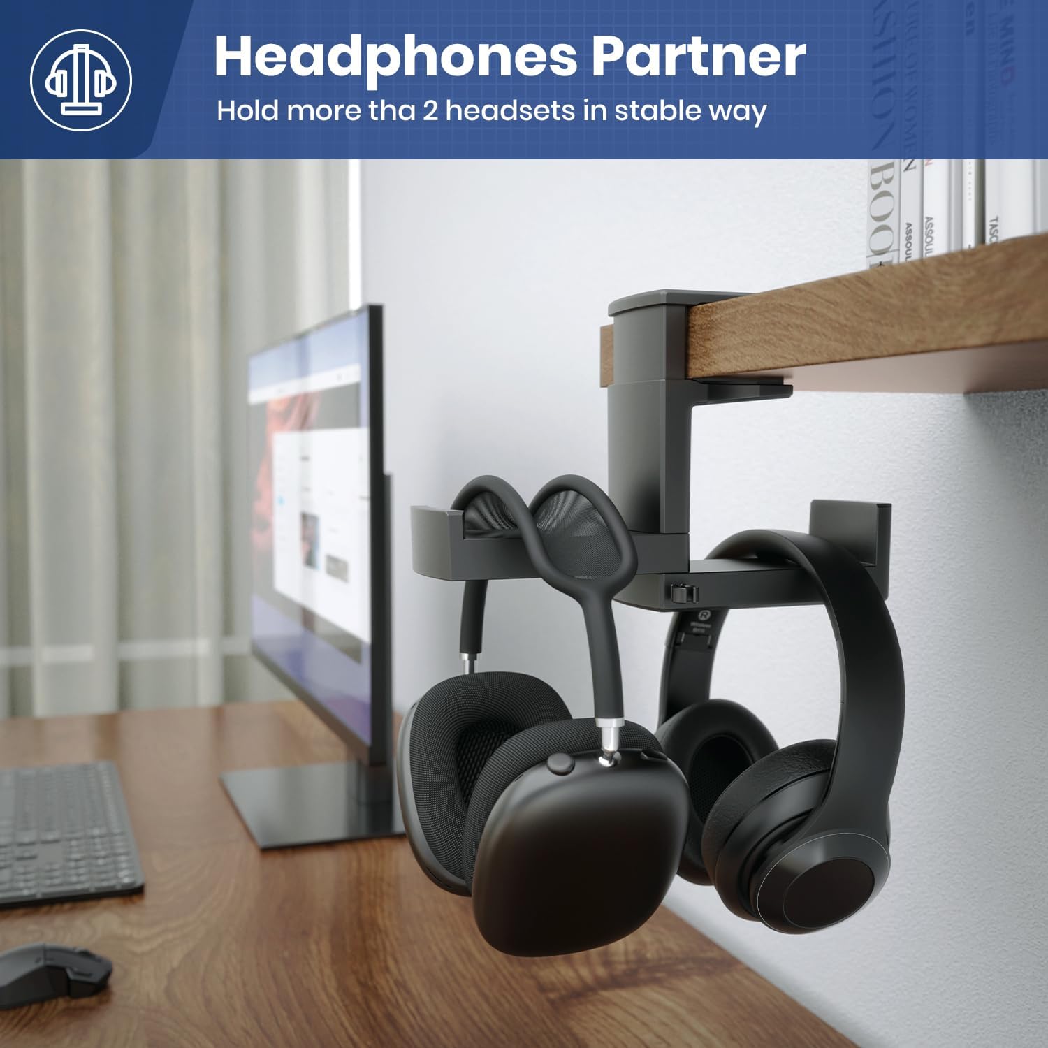 Dual Headphone Stand Holder - EURPMASK 2 in 1 PC Gaming Headset Hooks, 360 Degree Rotating Headphone Hanger with