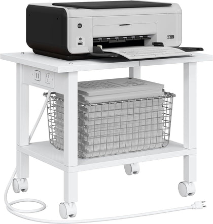Printer Stand, 2 Tier Rolling Printer Cart with Charging Station | Small Under Desk Printer Table with Wheels for