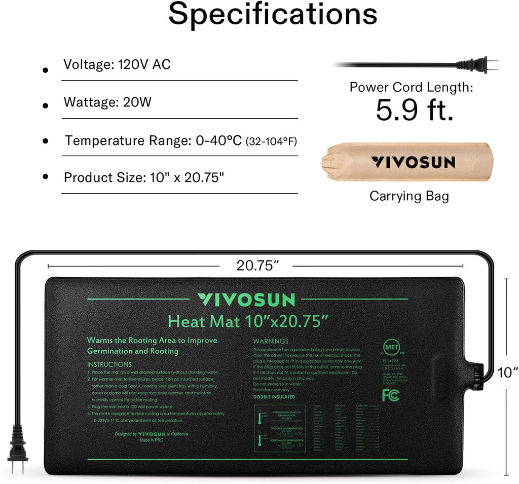 10" x 20.75" Durable Waterproof Seedling Heat Mat | UL & MET-Certified Warm Hydroponic Heating Pad for Germination