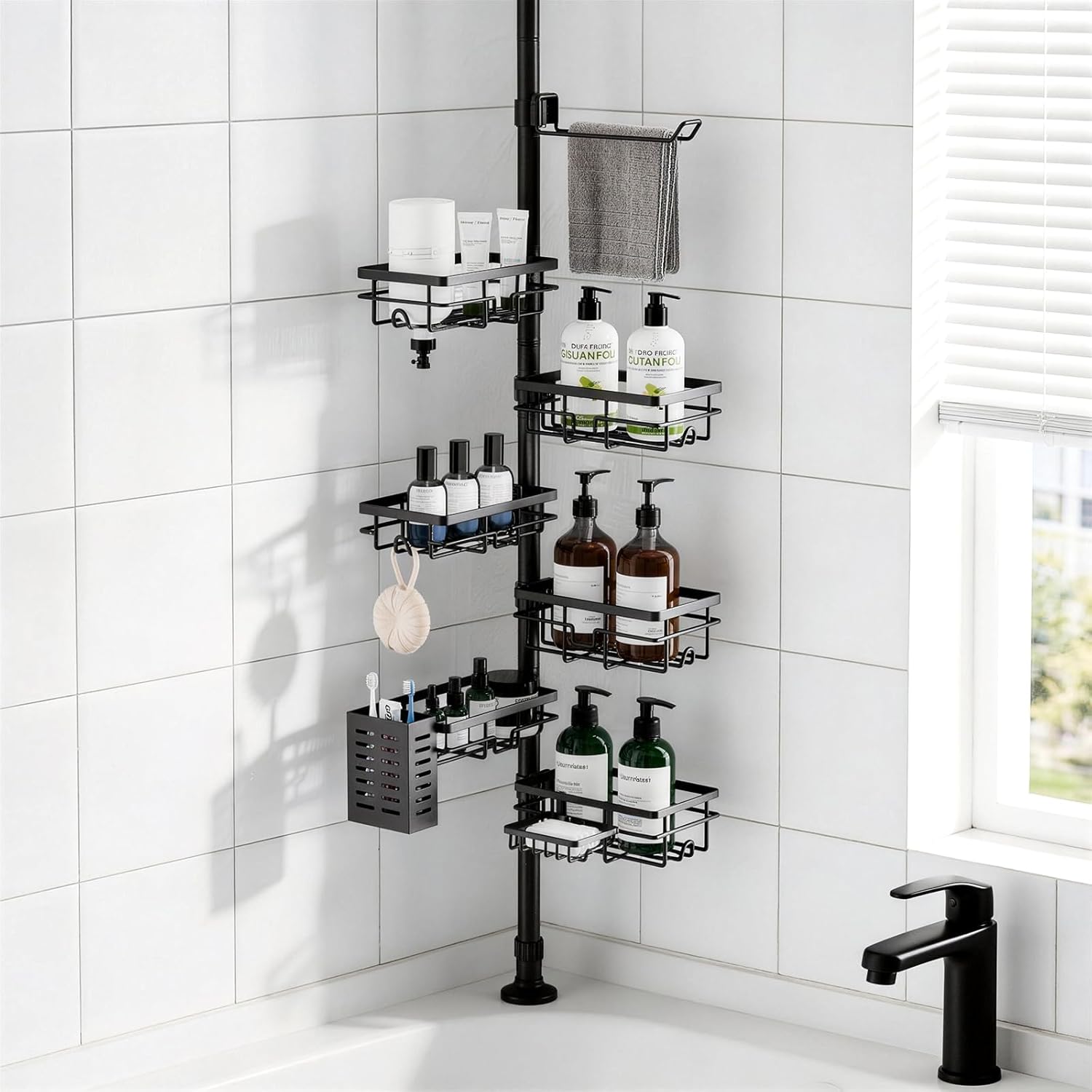 Shower Caddy Organizer Tension Pole, Corner Shower Shelves Bathroom Storage | 6 Tier Shelf, Rustproof 30-120’’