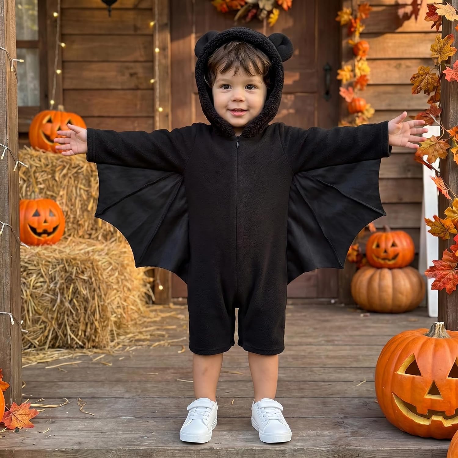 Bat Halloween Costumes for Toddler Baby Boy Girl Kids Jumpsuit 1-6T | Soft Fleece, 3D Ear Design, Attached Cape, Cozy