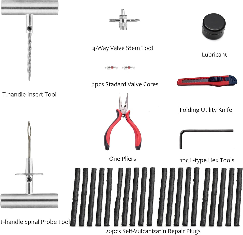 Flat Tire Repair Kit with Plugs 31 Pcs for Car, Motorcycle, ATV, Jeep, Truck, Tractor Flat Tire Puncture Repair