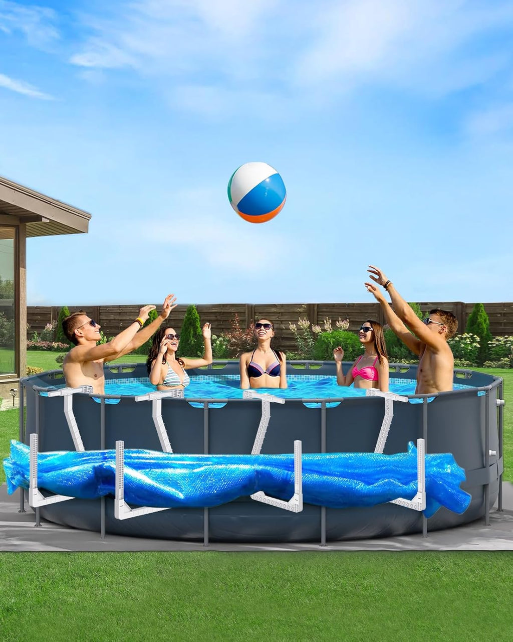 Solar Pool Cover Holder, Adjustable Solar Cover Hooks Keep Solar Cover Off The Ground, No Drill, No Rust, 4 Pack