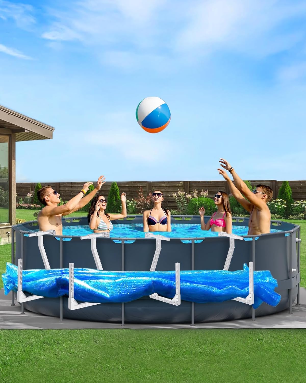 Solar Pool Cover Holder, Adjustable Solar Cover Hooks Keep Solar Cover Off The Ground, No Drill, No Rust, 4 Pack