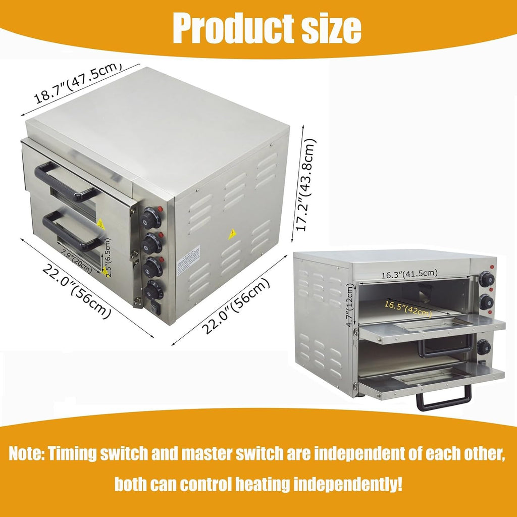 220V Commercial Pizza Oven Double-decker Electric Countertop 16” Pizza Baking Machine 3KW Stainless Steel Portable