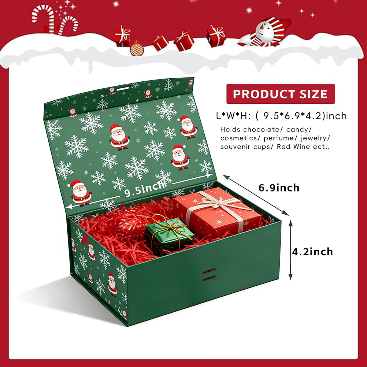 Christmas Magnetic Gift Boxes with Lids, Collapsible Hardboard Gift Packaging, Red & Green Holiday Boxes for