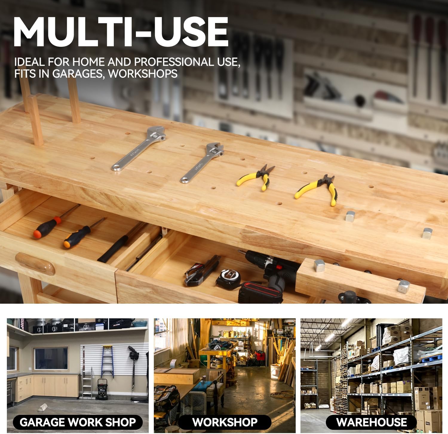 60" Wood Workbench, Heavy Duty w/Adjustable Handle, Workshop | 500Lbs Load Capacity, Woodworking Bench, Natural Wood