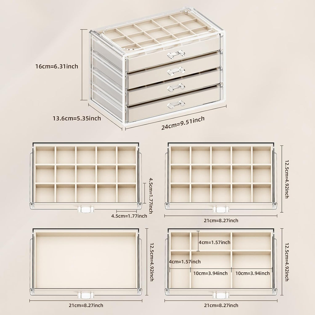 Clear Jewelry Box with 4 Drawers,Acrylic Jewelry Organizers and Storage with Velvet Trays,Earring Holder Organizer