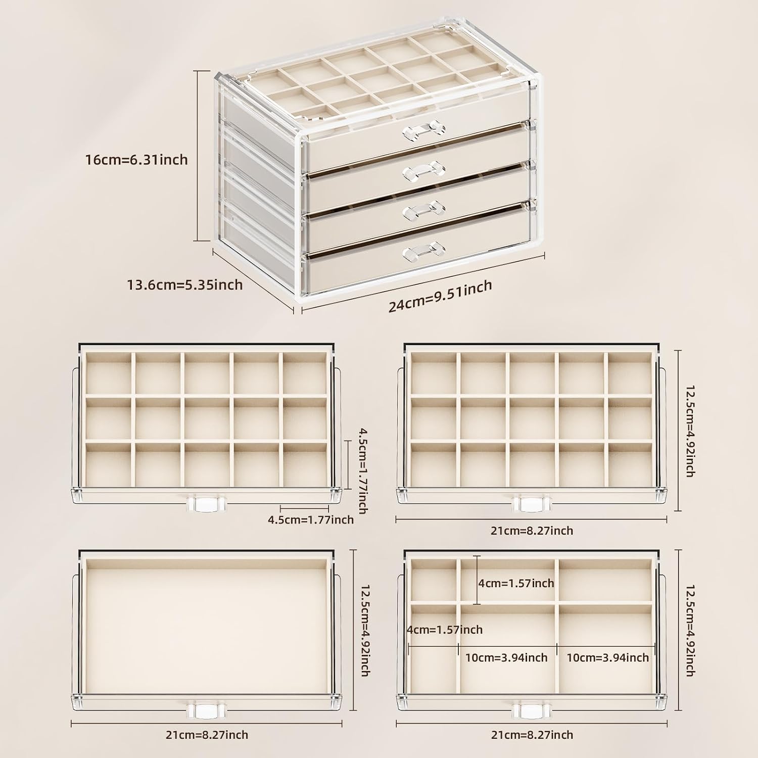 Clear Jewelry Box with 4 Drawers,Acrylic Jewelry Organizers and Storage with Velvet Trays,Earring Holder Organizer