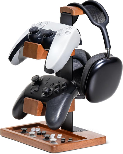 Solid Wood Controller Holder and Headphone Stand, Controller Stand for Desk | Dual Gaming Controller Organizer Rack