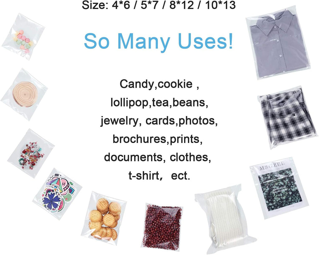 240 Pcs Clear Cellophane Bags Self Adhesive, 4 Size Cello Bags