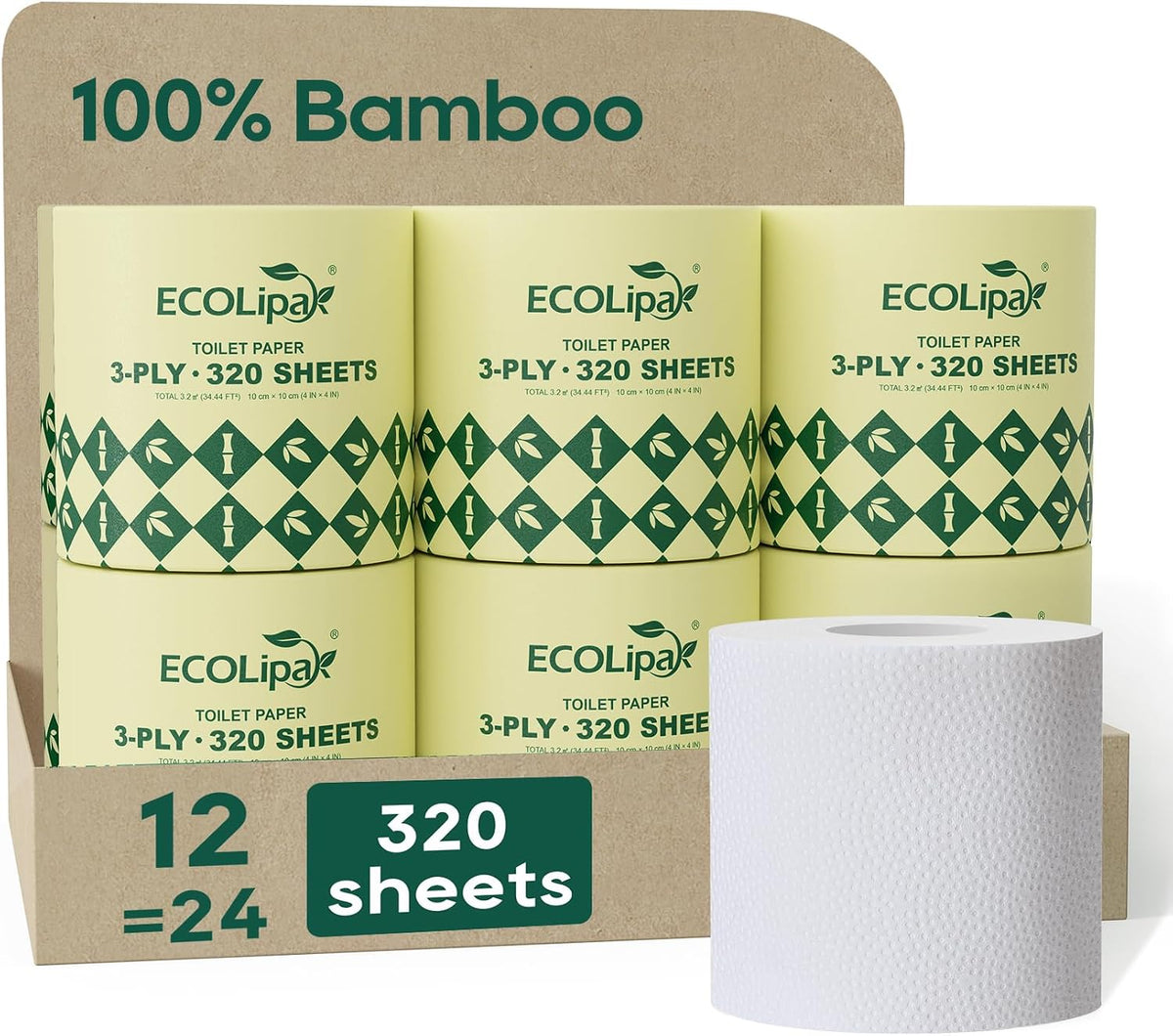 Bamboo Toilet Paper 3 Ply, 12 Rolls, 320 Sheets Per Roll, White