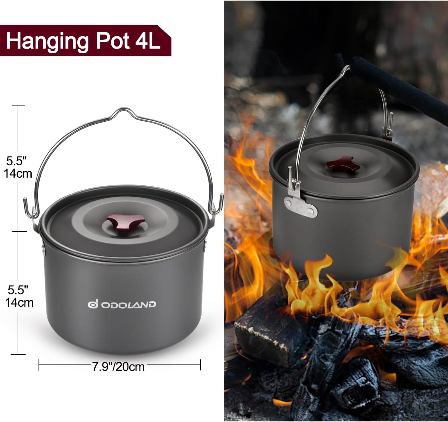 22pcs Camping Cookware Mess Kit, Large Size Hanging Pot Pan Kettle with Base Cook Set for 4, Cups Dishes Forks Spoons