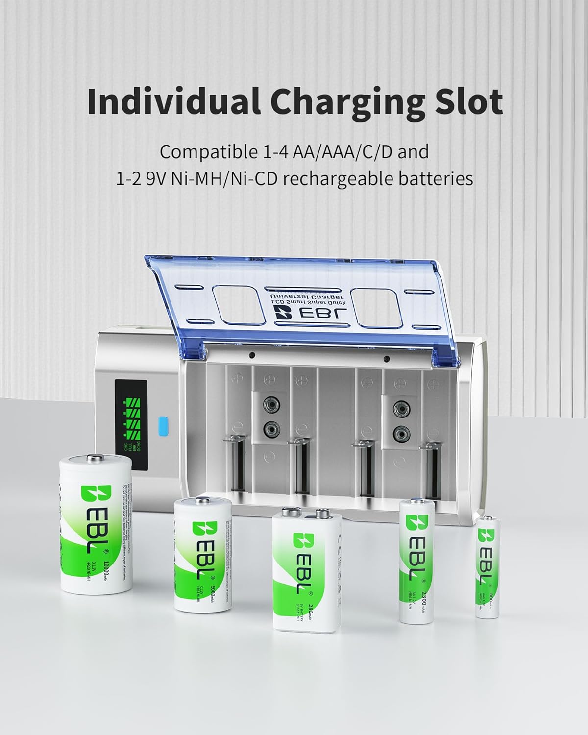 Universal Smart Battery Charger with Discharge Function – Multi-Bay Rapid Charger for C D AA AAA 9V Ni-MH Ni-CD