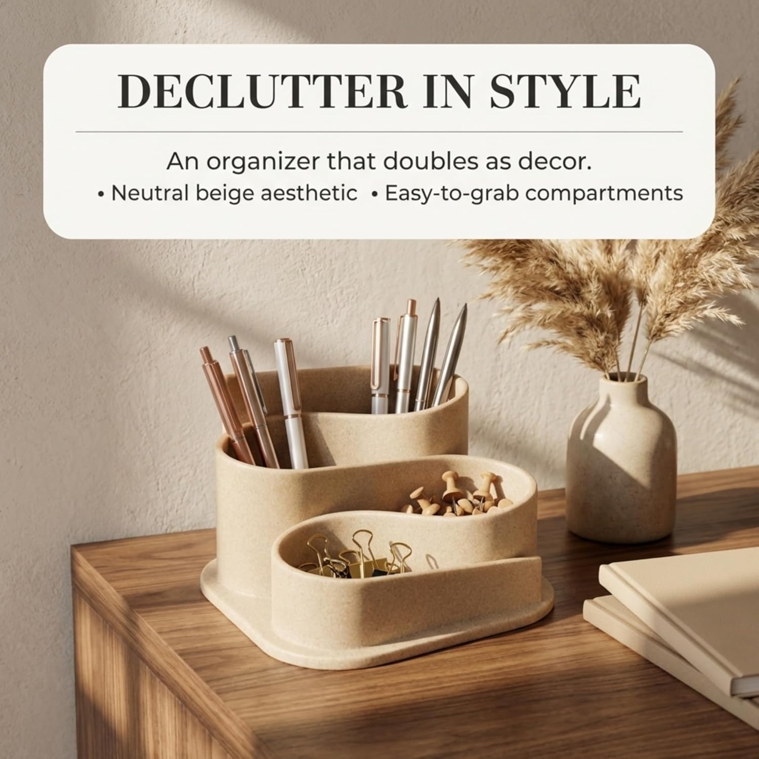 Aesthetic Desk Organizer - Aesthetic Office Desk Accessories - Boho Pen Holder - Neutral Beige Desk Accessories