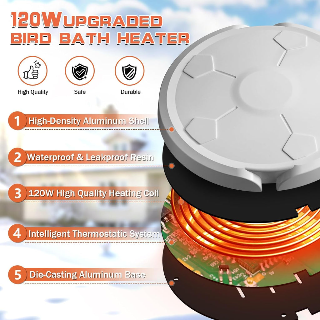120W Bird Bath Heater for Outdoors in Winter, Birdbath Heater, White