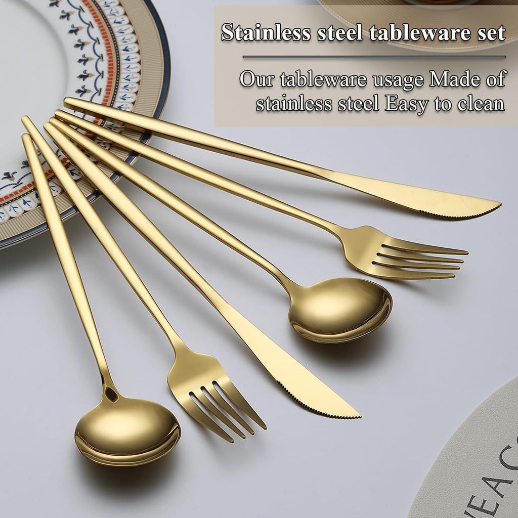 Gold Silverware Set 60 Piece Service for 20, Titanium Gold Plated Stainless Steel Flatware Set, Knives Forks Spoons