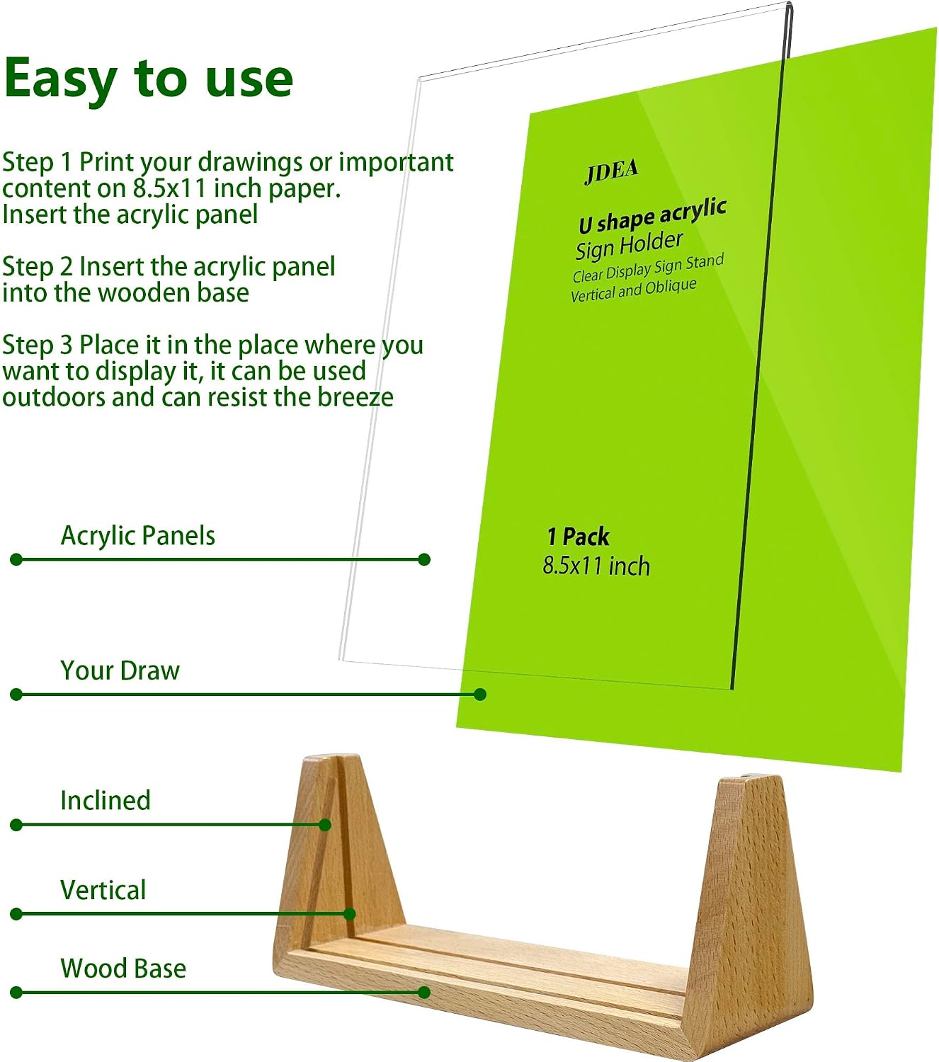 U-shaped Acrylic Sign Holder with Wood Base Menu Holder Flyer Holder Poster Stand Photo Stand Widened Base Windproof