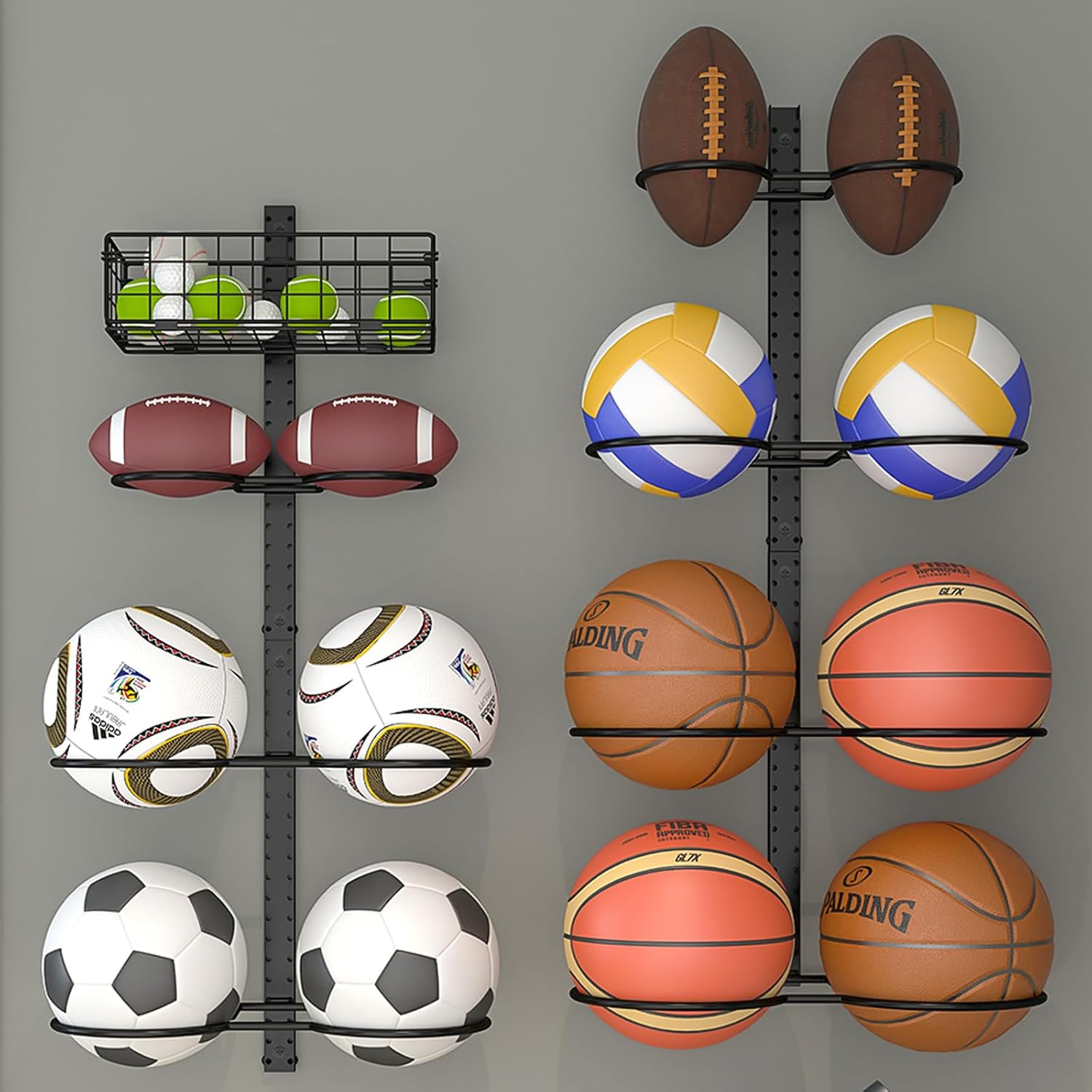 8 Tier Detachable Wall Mounted Basketball Rack, Vertical/Horizontal Football Holder, Holds 14 Balls DIY 1/2/3/4