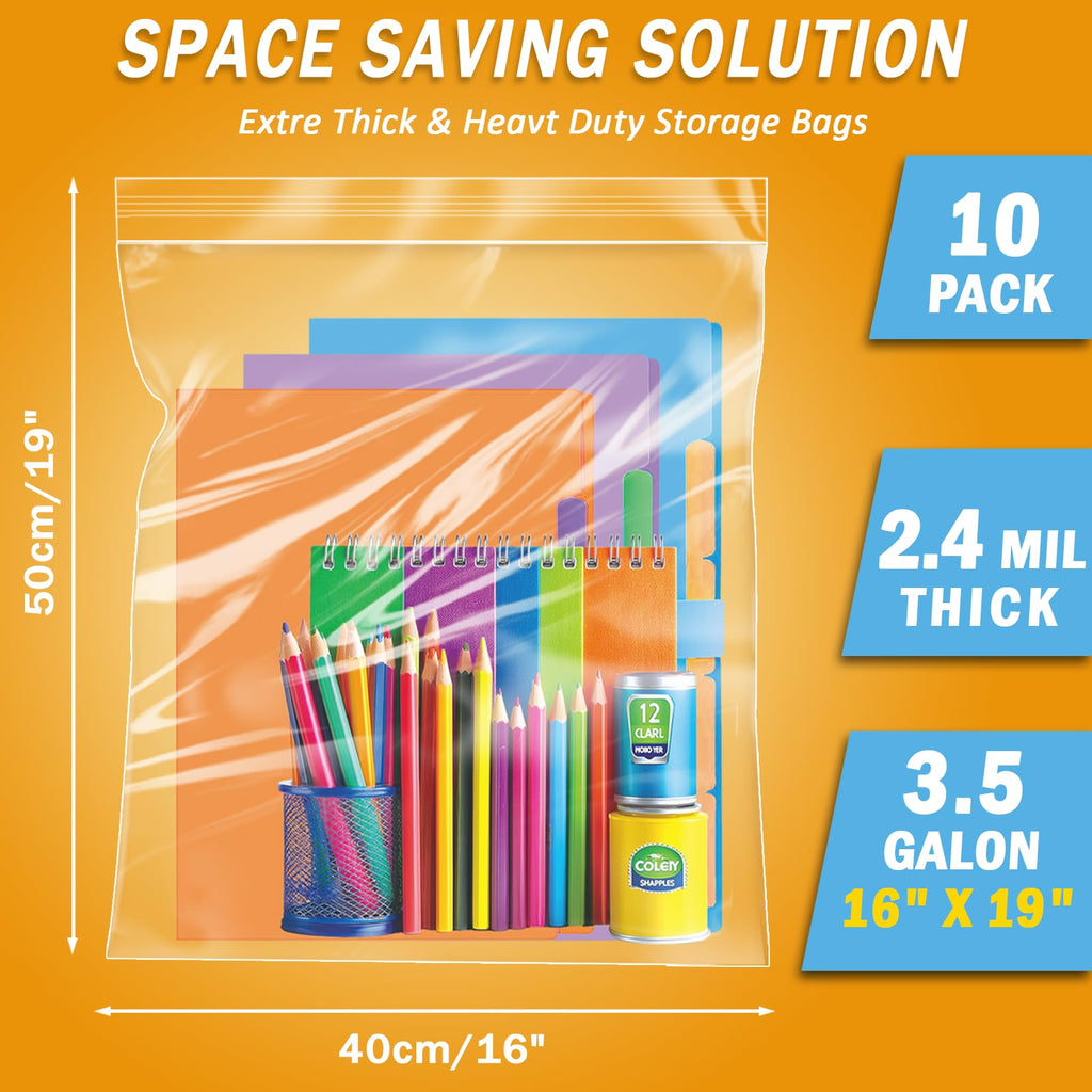 3 Gallon Large Zipper Bags for Storage, 16" x 19" (10 Count)