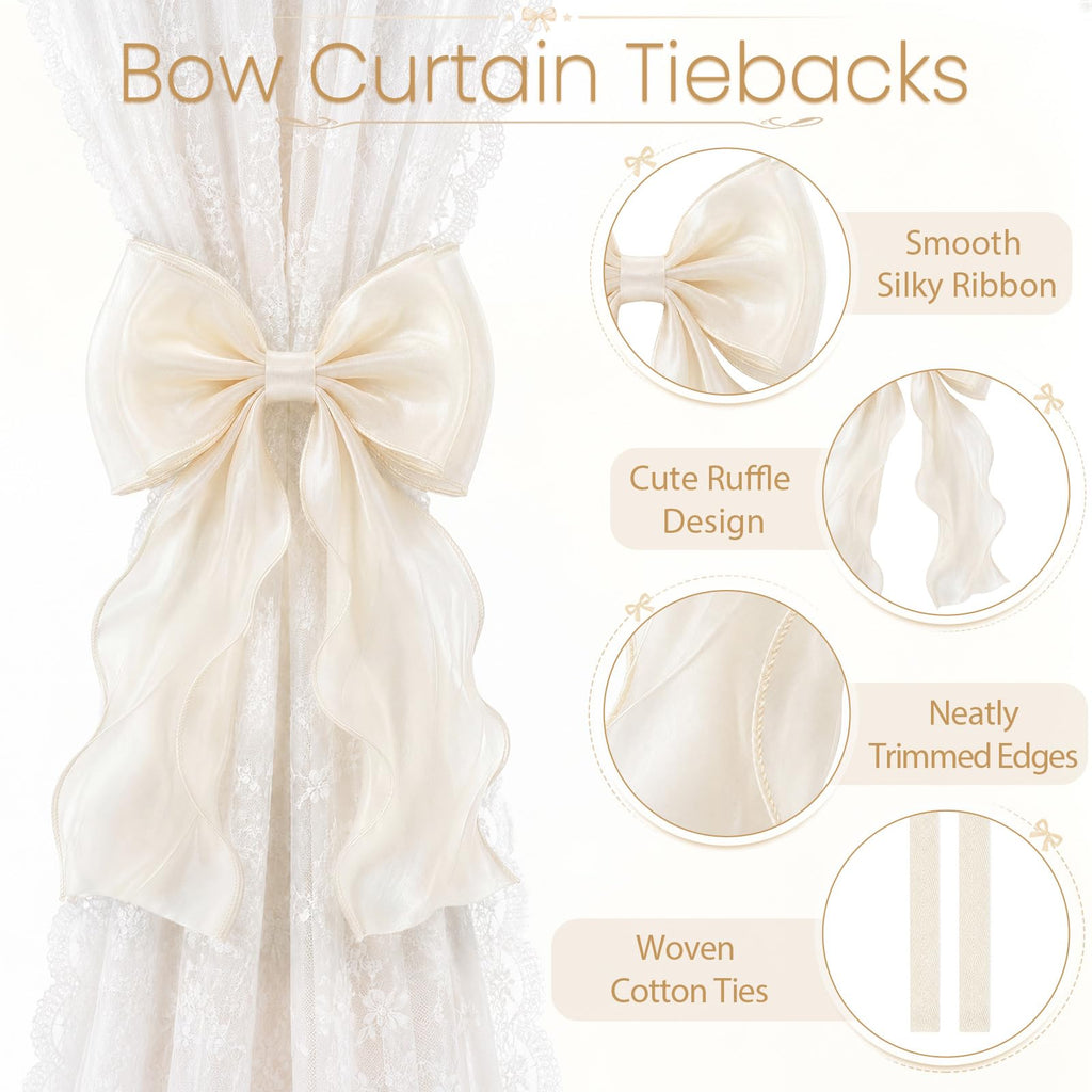 Curtain Tiebacks, French Silky Bow Curtain Holdbacks, Beige, 2 Pcs