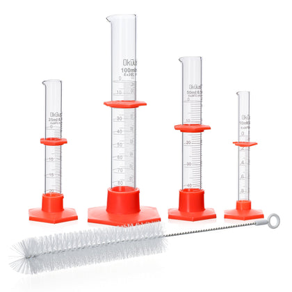 Graduated Cylinder Set and 1pc Cylinder Brush, 4pcs of Vol.10ml 25ml 50ml 100ml, Borosilicate 3.3 Glass Measuring