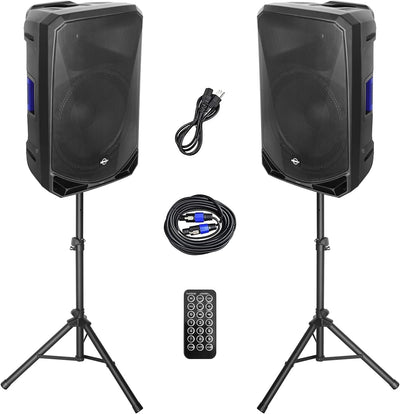 15 Inch PA Speaker Pair (Active + Passive + Stands) | 1200W DJ loudspeakers with Mixer Bluetooth 5.0 for Karaoke