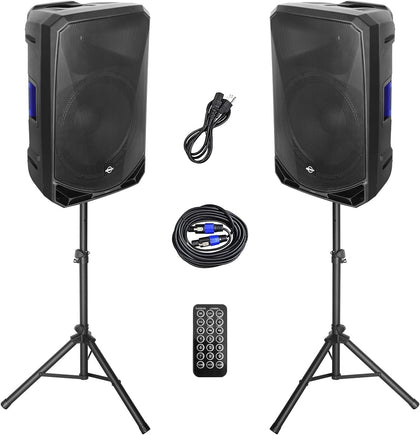 15 Inch PA Speaker Pair (Active + Passive + Stands) | 1200W DJ loudspeakers with Mixer Bluetooth 5.0 for Karaoke