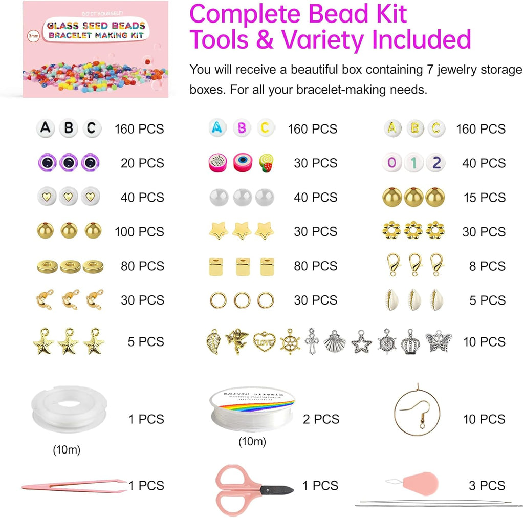 3mm 45000pcs Glass Seed Beads Kit, 7 Boxes 144 Colors Small Beads for Bracelets, Friendship Bracelet Kit with Charms