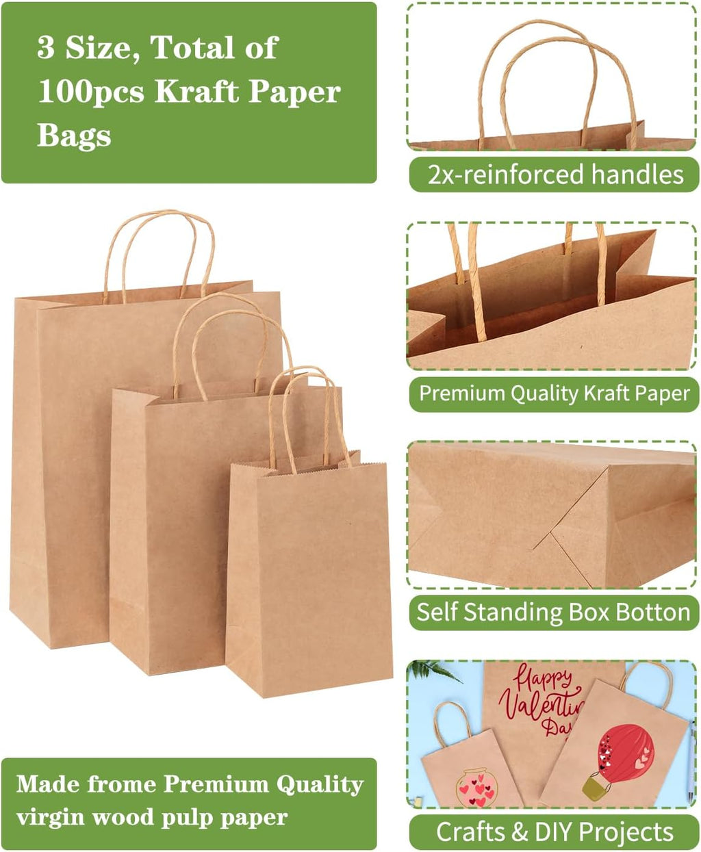 100pcs Brown Paper Bags with Handles Bulk, Gift Bags Assorted Sizes