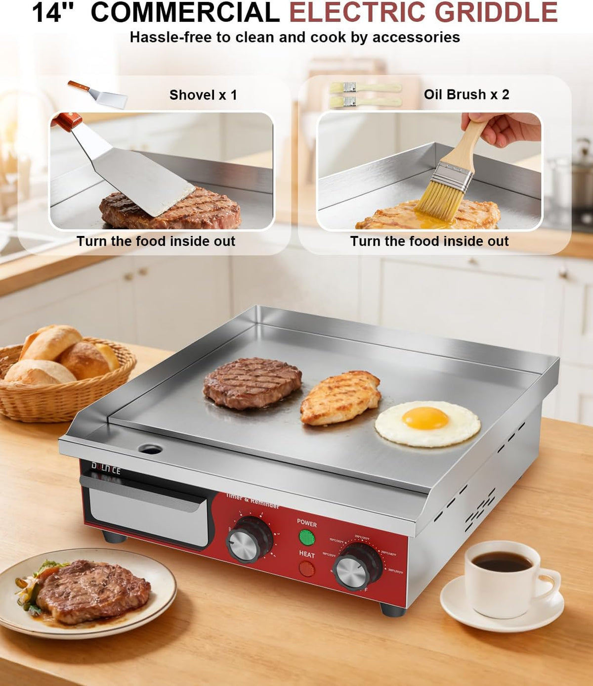 14"x11.8" Commercial Electric Griddle with 5 Minute Reminder Timer