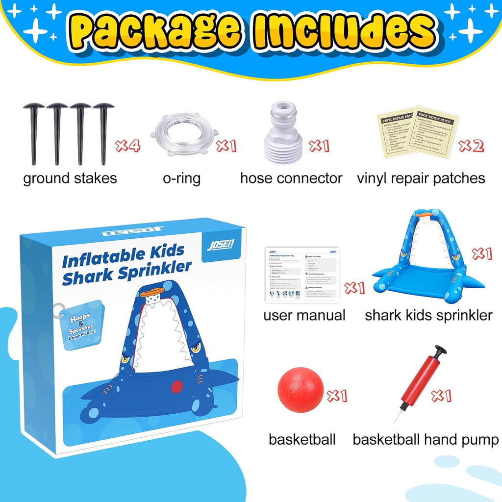 Sprinkler for Kids Outdoor Play, Giant Inflatable Shark Water Toys Splash Pad with Basketball Hoop, Fun Sprinkler