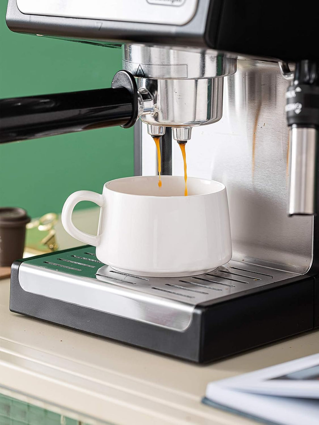Porcelain Stackable Cappuccino Cups with Saucers - 8 Ounce for Specialty Coffee Drinks, Cappuccino, Latte, Americano