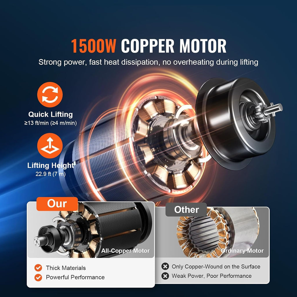 3in1 Electric Hoist Winch, 1500W Portable Electric Winch, 110V Power Winch Crane, 25ft Lifting Height, Overload