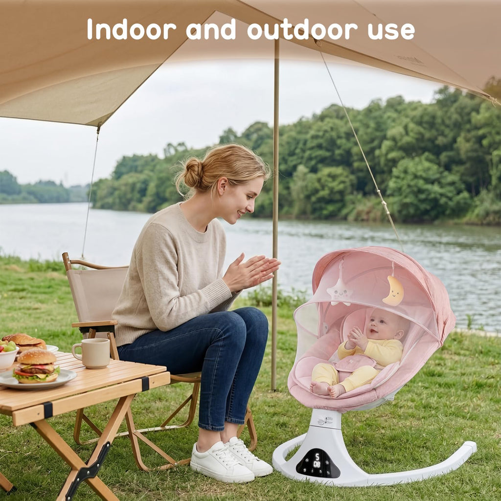 Electric Baby Swing with Remote Control,5 Speeds&Portable&Cozy(0-12M,Pink) | Safety lock&secure harness,12