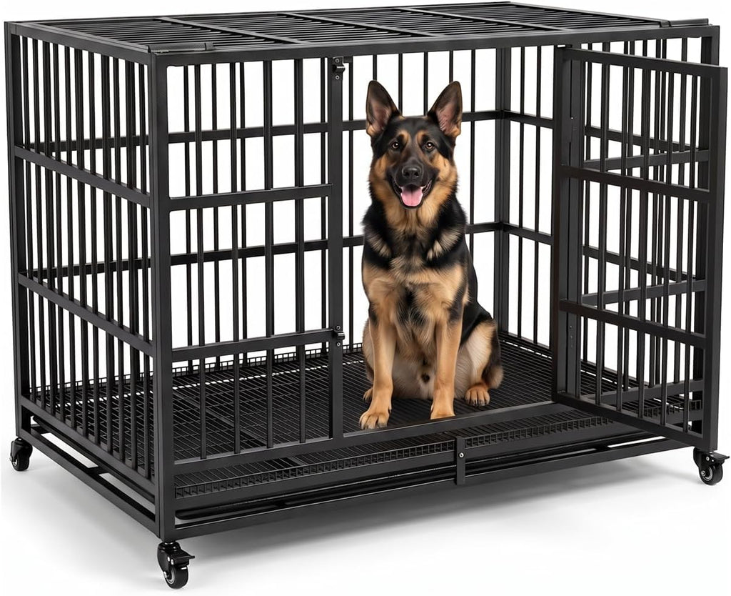 48 Inch Heavy Duty Dog Crate Cage with Wheels, Indestructible and Escape Proof Steel Kennel Indoor for High Anxiety