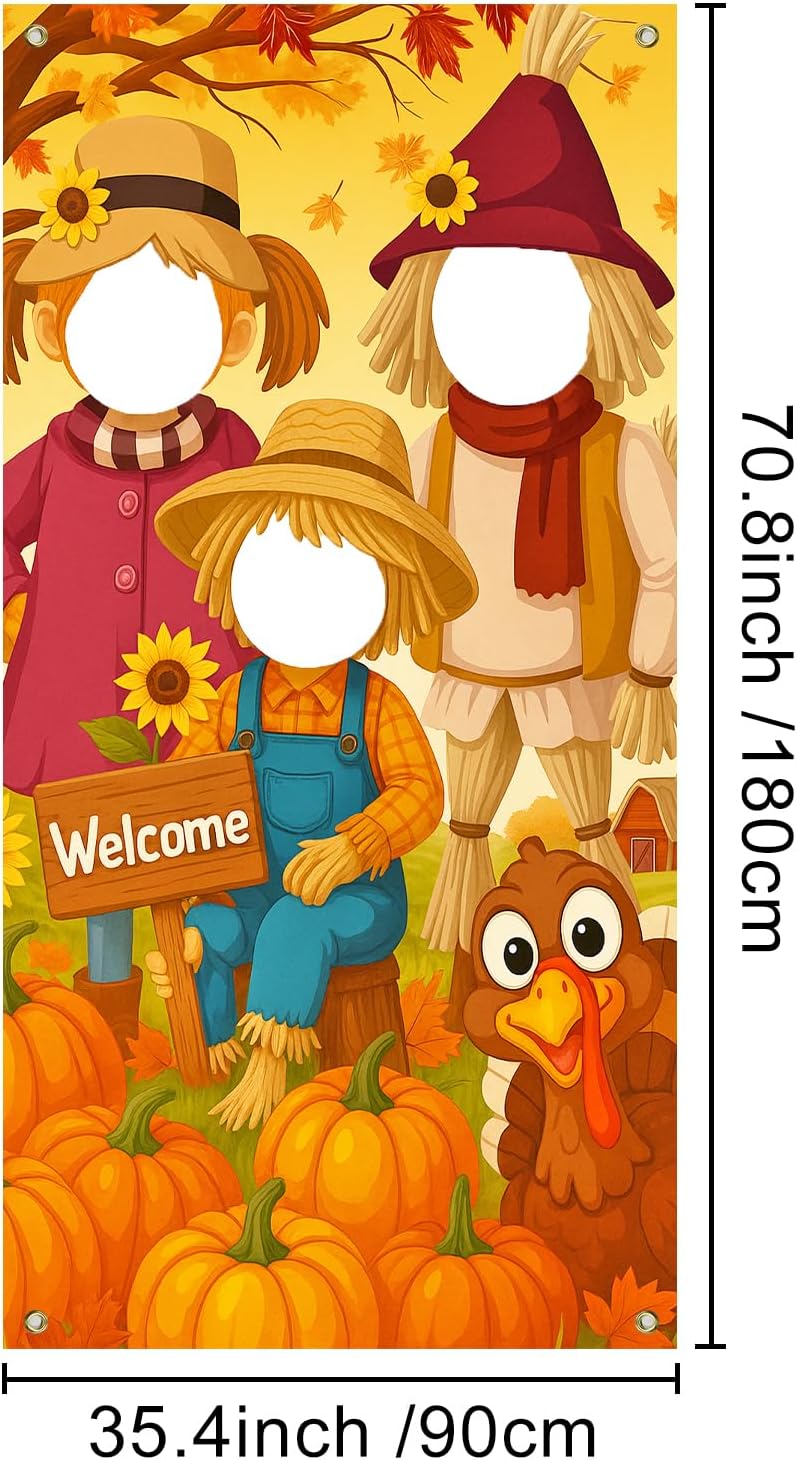 Thanksgiving Photo Door Banner Autumn Harvest Backdrop Pumpkins Scarecrow Turkey Sunflowers Fall Leaves Scene Party