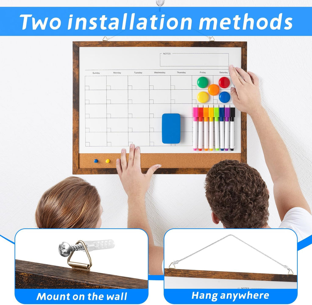 Dry Erase Calendar Whiteboard, 17" x 13" Magnetic Whiteboard Cork Board Combo, Reusable Monthly Planner with 8