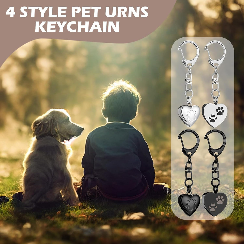 4 Pcs Pet Urn Keychain for Dog Ashes Heart Shaped Dog Ashes Keychain Stainless Steel Pet Ashes Keepsake Paw Print