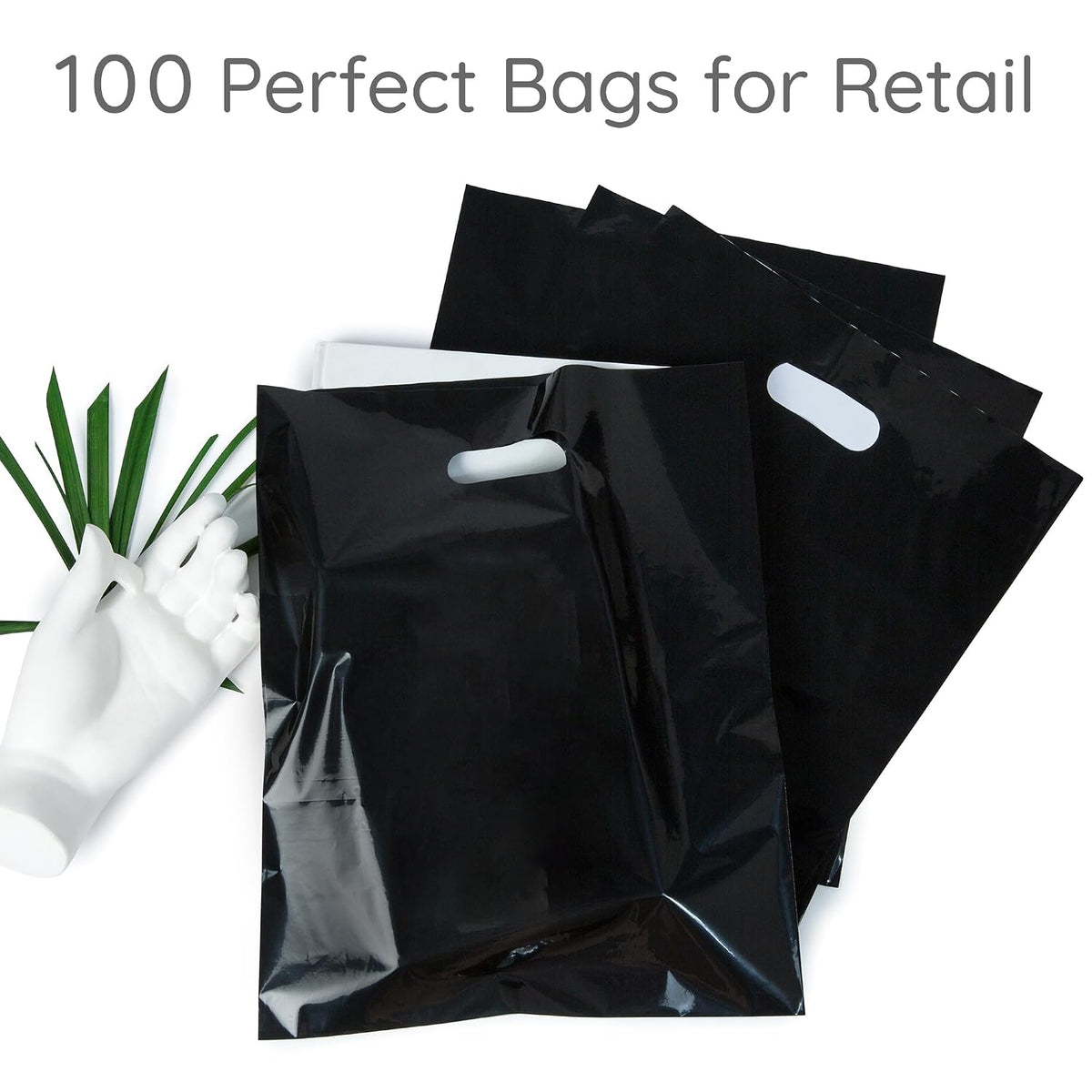 100 Black Plastic Bags With Handles 12x15 Merchandise Bags