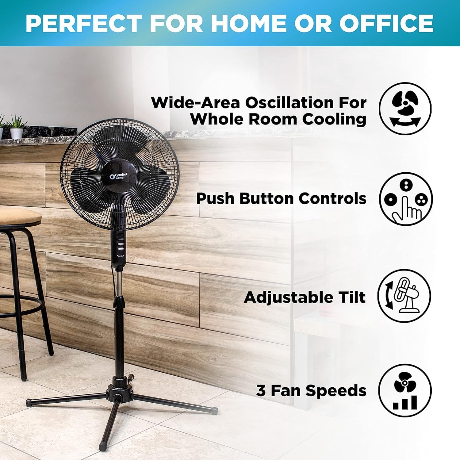 Comfort Zone Electric Oscillating Pedestal Fan, Stand Fan, 16 inch, 3 Speed, 90 Degree Oscillating Head, Adjustable