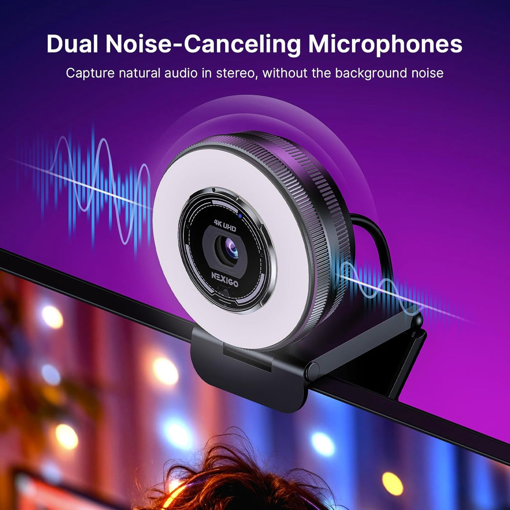 N680E Pro 4K Webcam with Ring Light, PDAF Autofocus, 1080p 60FPS, Dual Noise-Canceling Mics, Privacy Shutter, USB