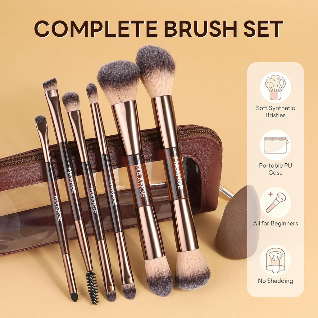 6Pcs Double Ended Makeup Brush Set with Makeup Sponge & Travel Bag