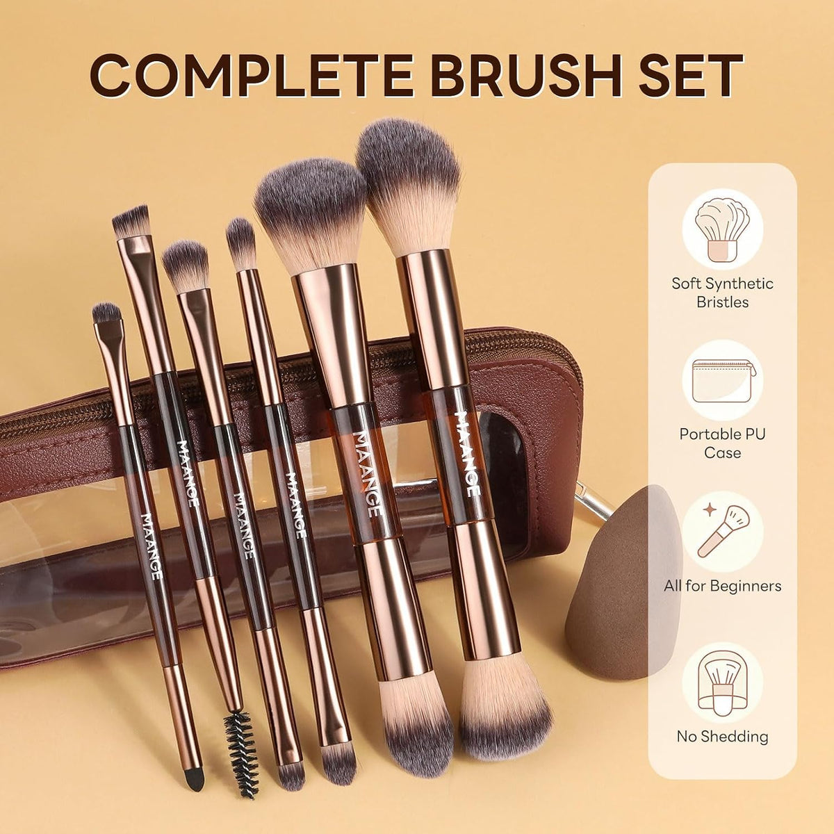 6Pcs Double Ended Makeup Brush Set with Makeup Sponge & Travel Bag