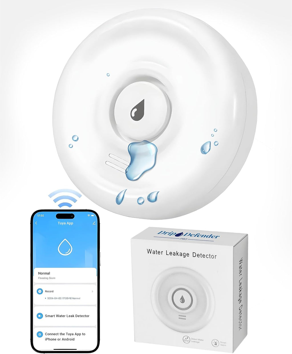 Drip Defender Pro Water Sensor WiFi Water Leak Detector for Home 100dB | High Sensitivity Smart Moisture Alarm, IP66