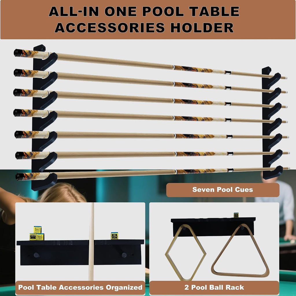 Black Wall-Mounted Pool Stick Holder, Wooden Billiards Pool Cue Rack Holds 7 Cue Sticks and 2 Pool Ball Racks, Pool